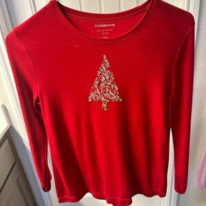 Croft & Barrow Red Long Sleeve Fitted Embellished Tee